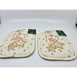 Vintage Design Cottage Hot Pads Pot Holders Christmas Stars Gold NWT